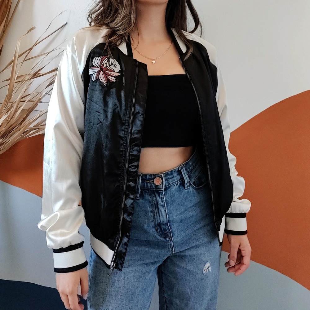 Lovers + Friends Los Angeles Silk Bomber Jacket Embroidery Floral